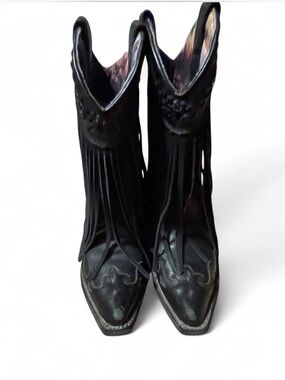 Cowgirl Boots - Black Leather Fringe Western Boots Size 6.5M (Dingo Heart Throb)